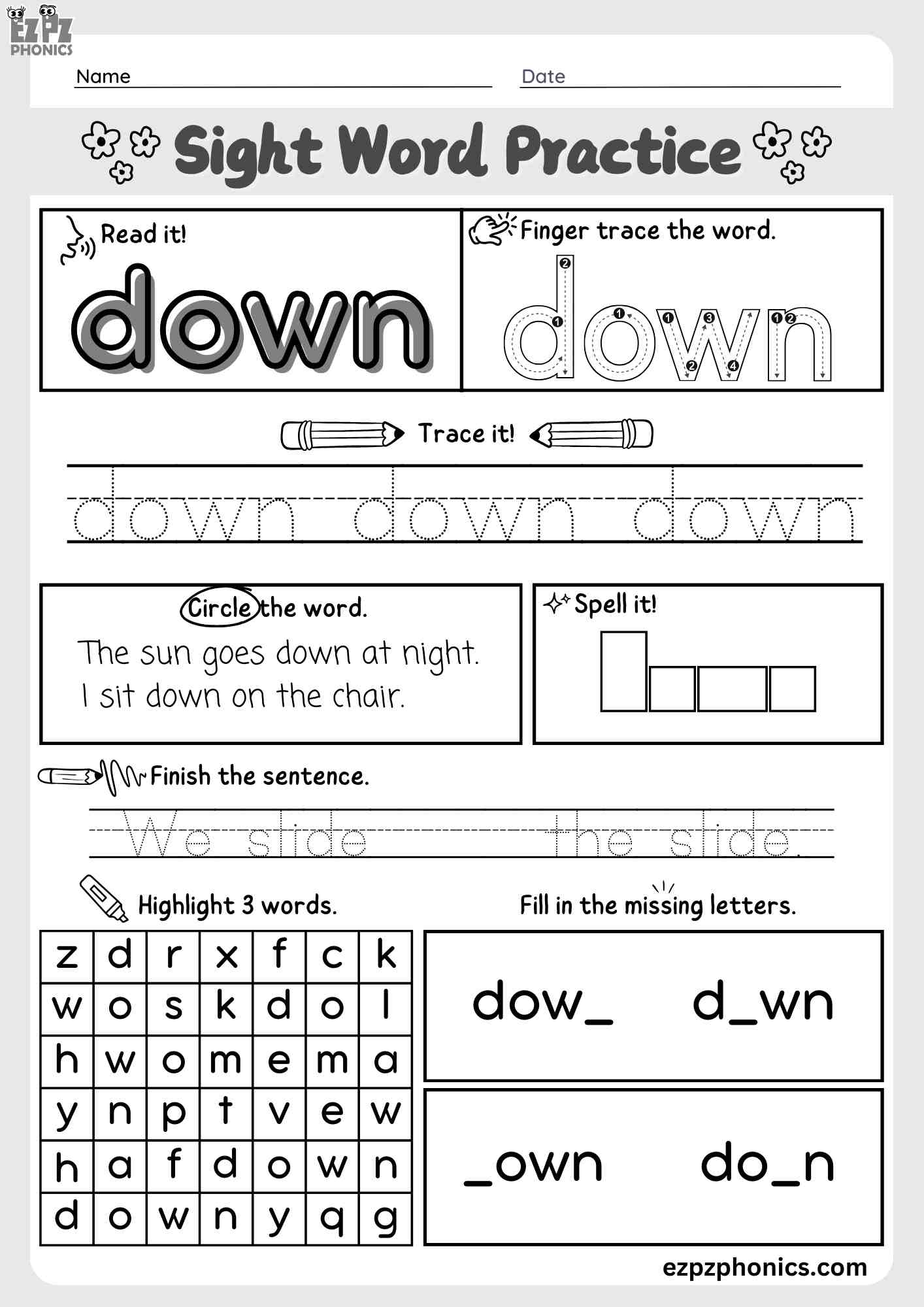 The Word "Down" Dolch Sight Word Worksheet Activity for Pre-Kindergarten and Kindergarten Students PDF Download